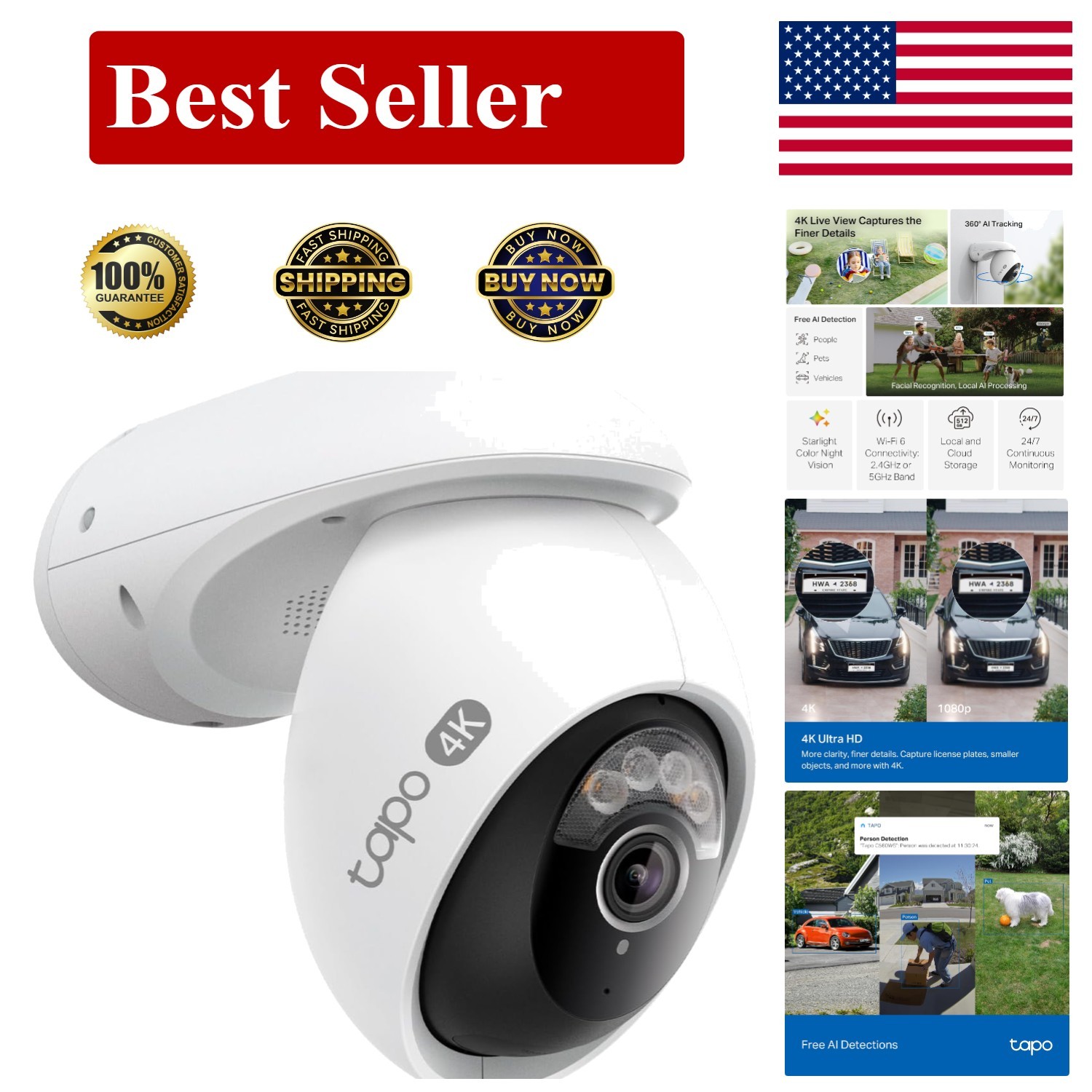 Tapo 4K 8MP Wired Pan/Tilt Outdoor Security Camera, Free Person/Vehicle White