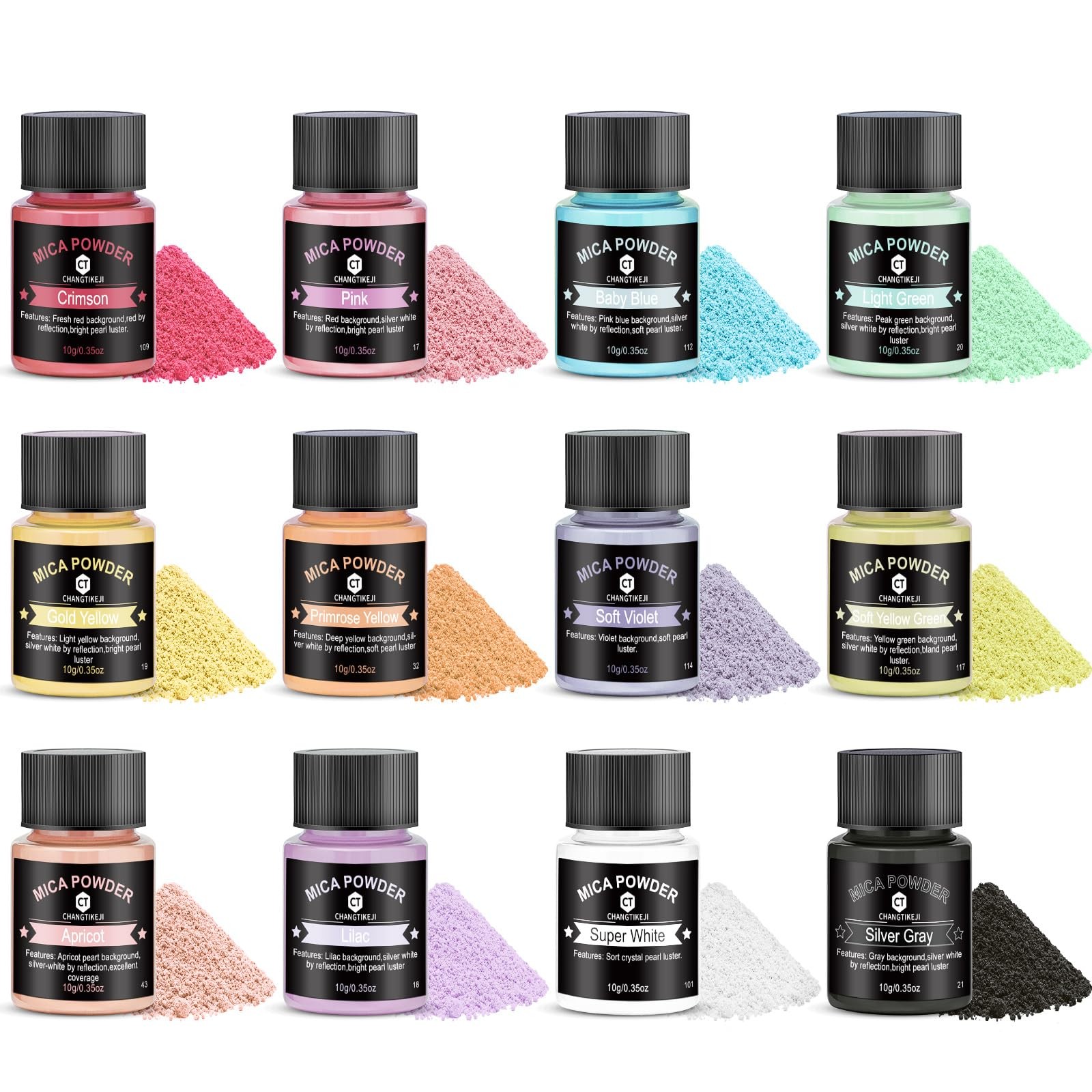 Mica Powder 12 Colors Pearlescent Pigment - for Resin Epoxy, Soap Pastel Hues