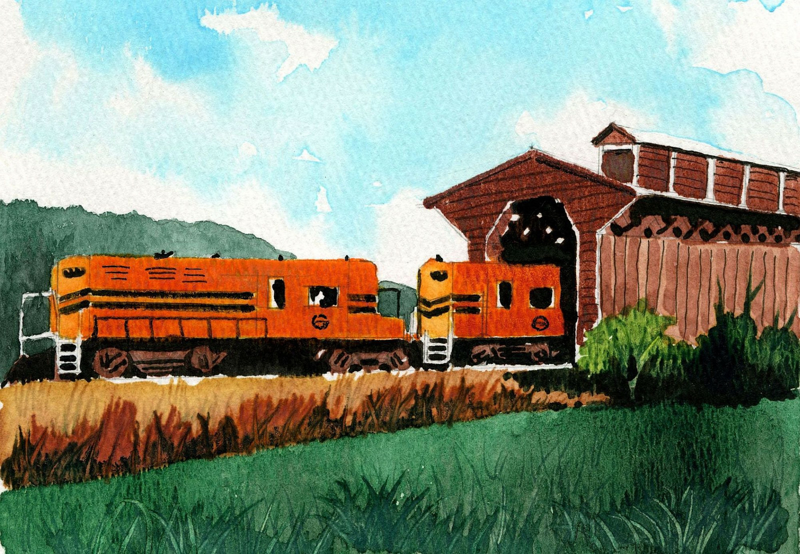 Fisher Covered Railroad Bridge & Orange Train, Wolcott, Vermont. Art Notecards