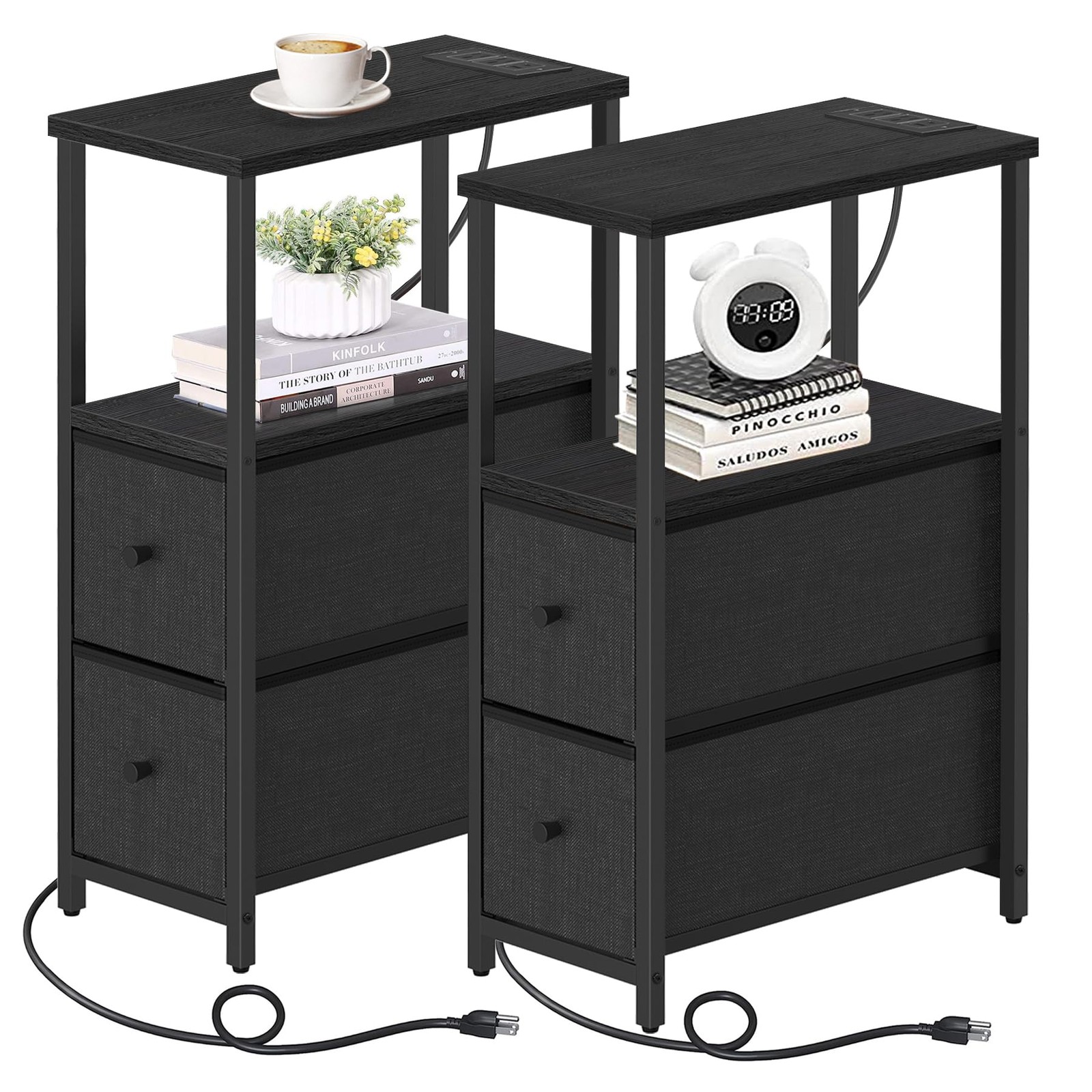 Set of 2 Narrow End Tables with Charging Station and Drawers, Black