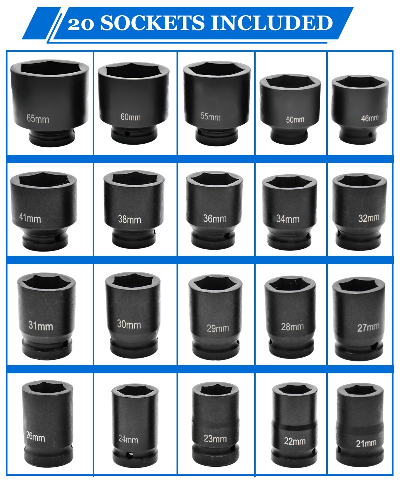 27pcs 3/4" Drive 6pt Pneumatic Impact Socket Sets Deep Socket Set Metric 21-65mm