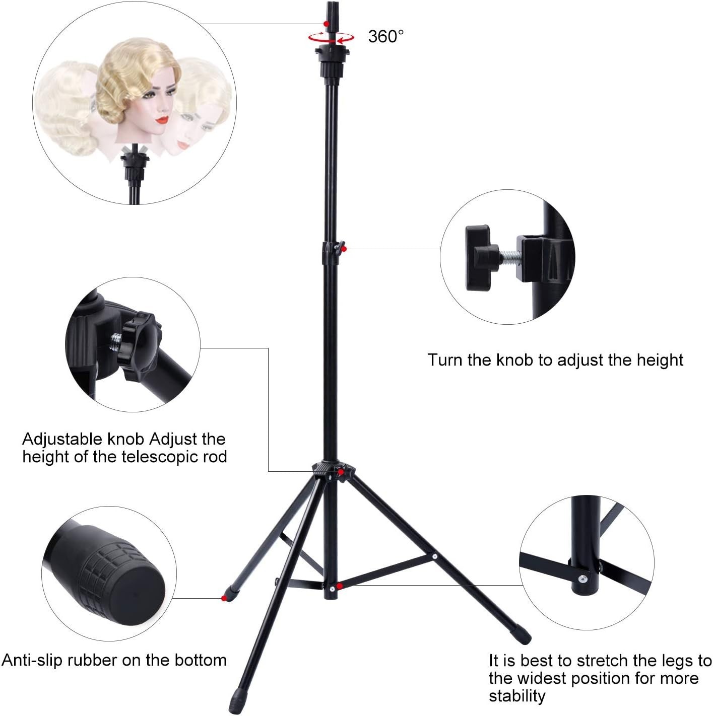 Ultimate Wig Styling Tripod (34.64-51.48in) - Includes Carry Bag & Clips