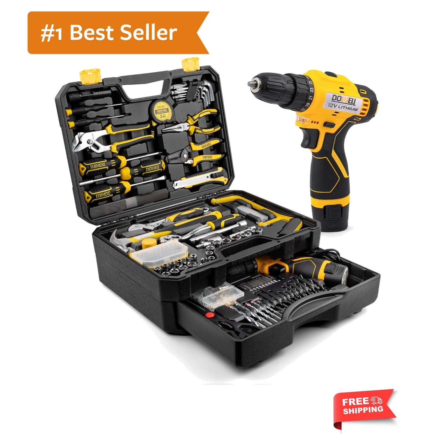 223-Piece Power Drill Tool Set, 12V Cordless Drill Driver Kit with Drawer Too...