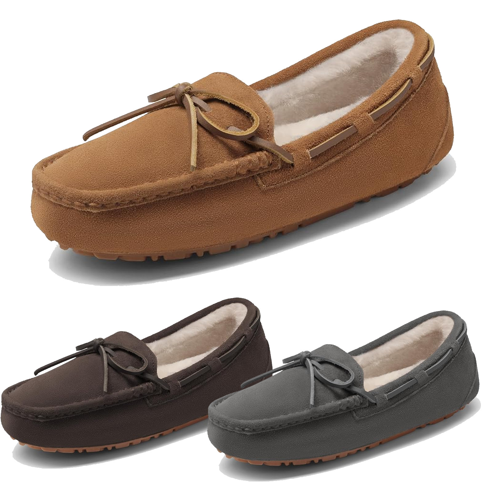 Women Slip On Loafer Slippers Faux Fur Lining Suede Moccasins House Shoes