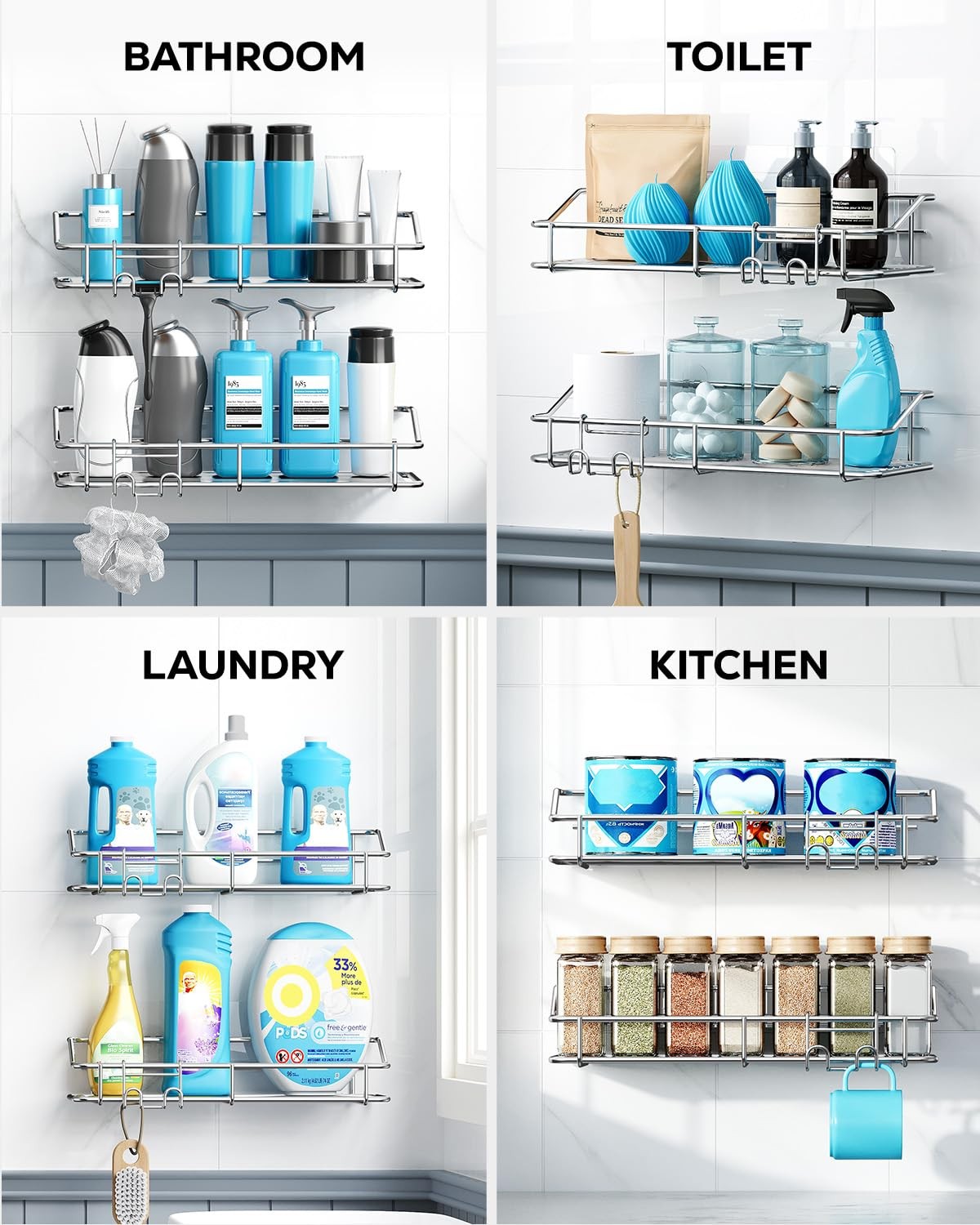 Nieifi Shower Caddy Shelf Storage Rack Adhesive Without 2 Pack, A-Silver