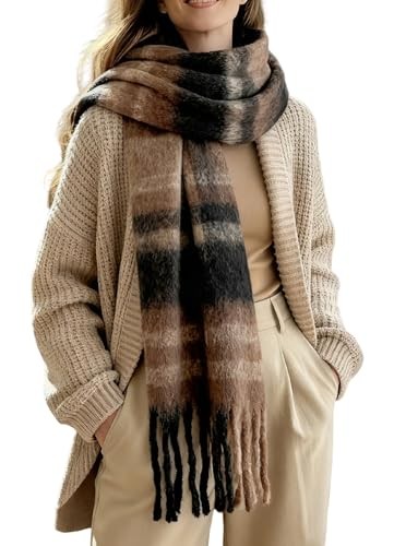 Women Warm Scarf Long Shawl Cold Weather Thick Blanket Scarfs Plaid Brown