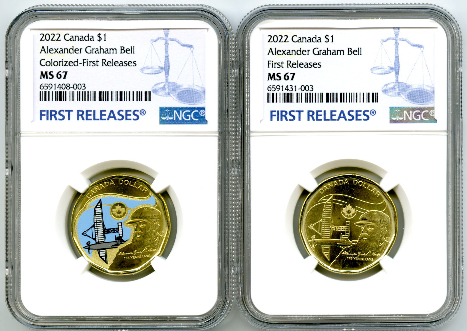 2022 $1 CANADA NGC MS67 ALEXANDER G BELL LOON LOONIE DOLLAR MATCHED 2-COIN SET