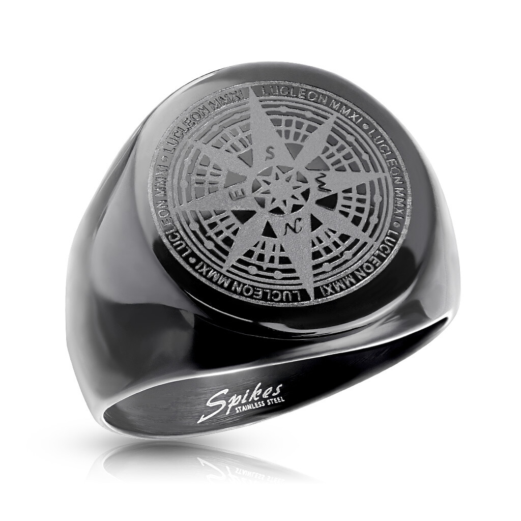 Matte Compass Black Ring - Stainless Steel Black IP Biker Ring