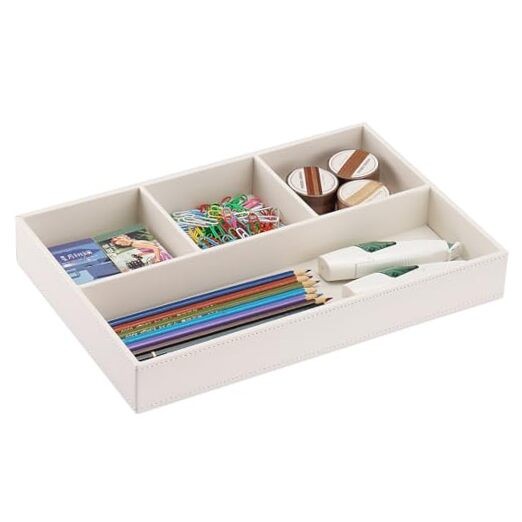 PU Leather Desk Drawer Organizer, 4 Compartment Office Supplies White