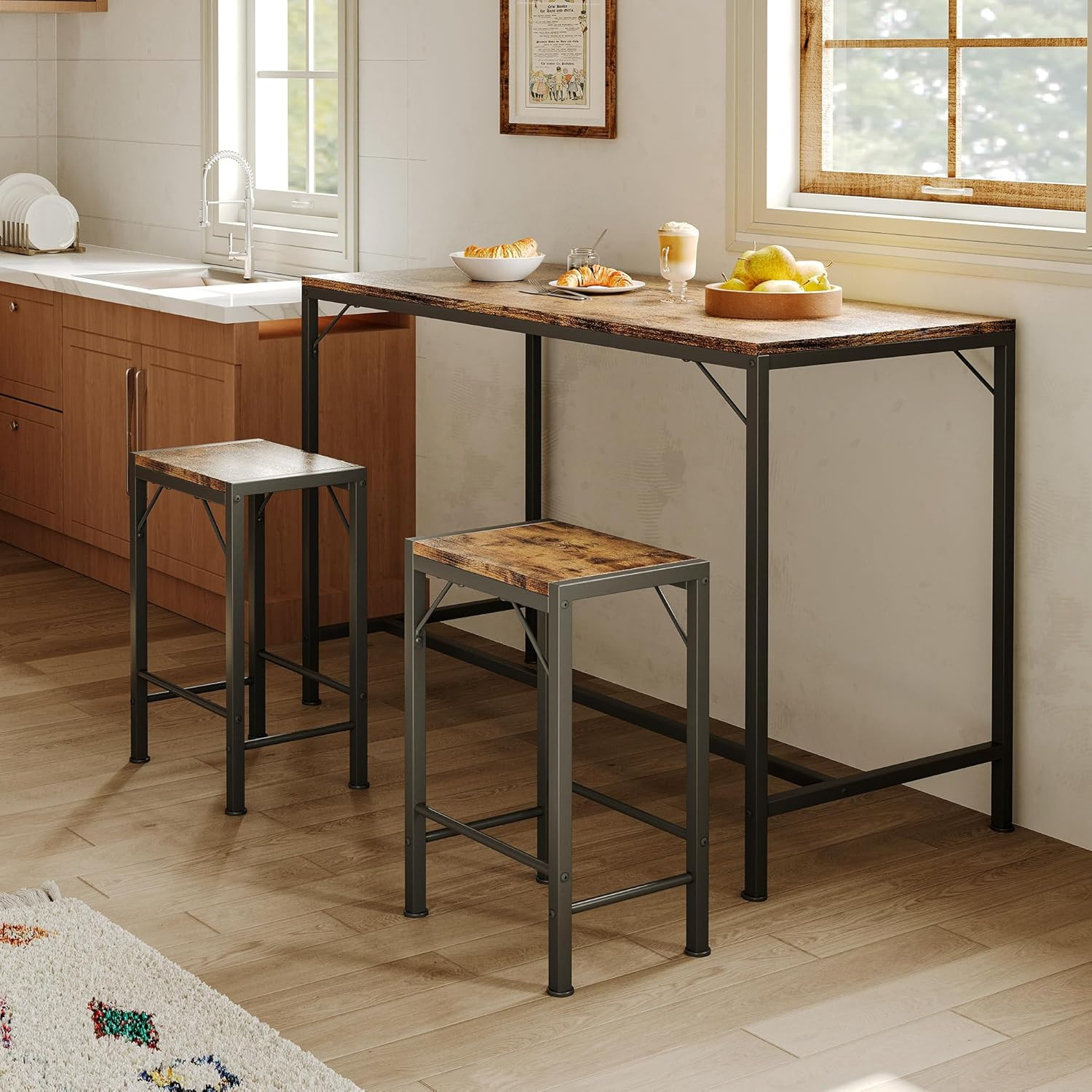 Bar Table and Chairs Set, Bar Table with 2 Stools, Space-Saving Dining Pub Set f