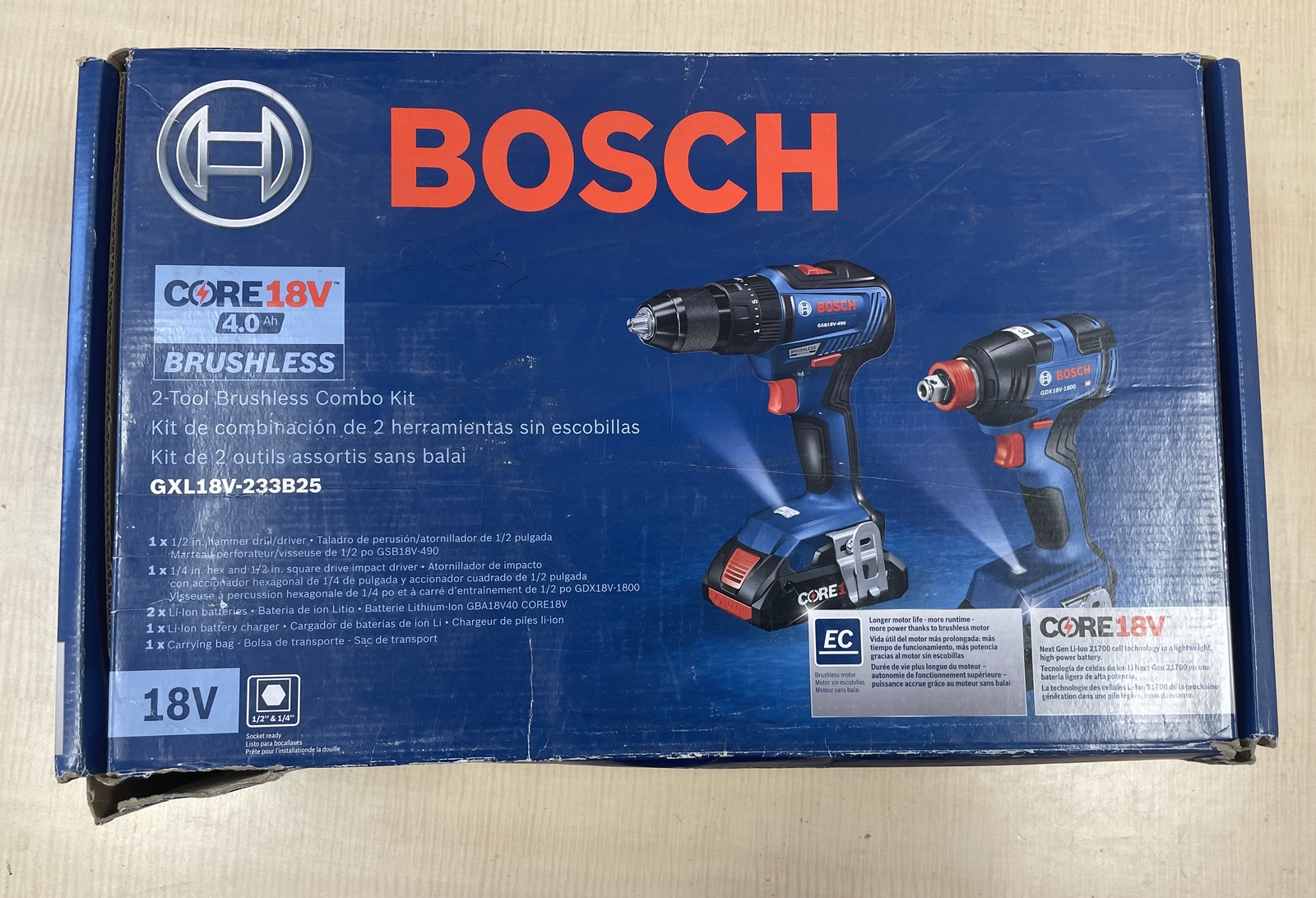 BOSCH GXL18V-233B25 18V 2-Tool Combo Kit with 1/2 In. Hammer NEW OPEN BOX
