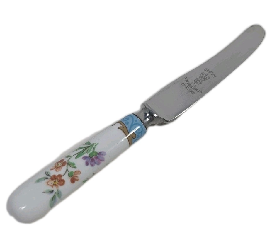 Vintage Crown Staffordshire England Butter knife with porcelain handle  1970s
