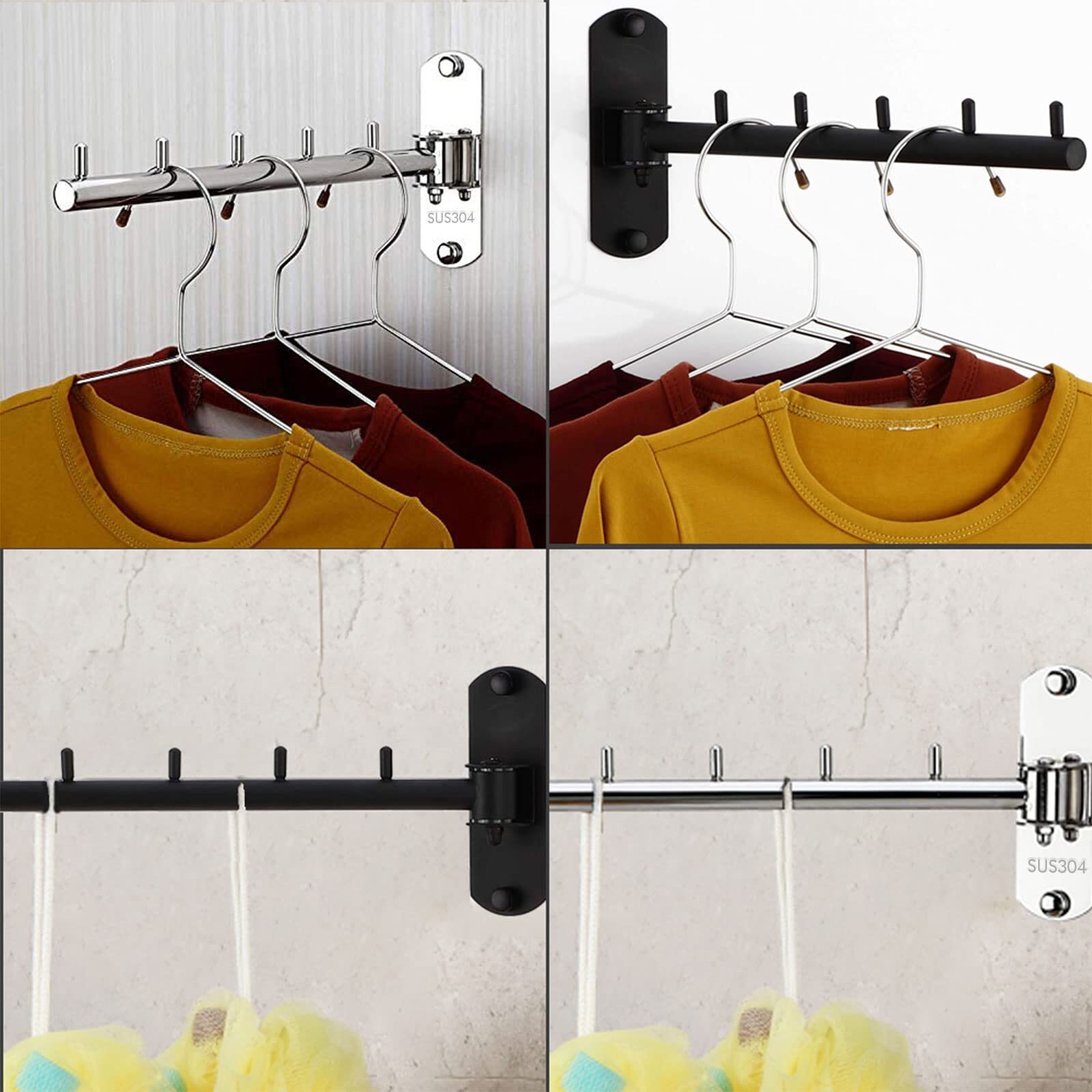 2 Pack Folding Wall Mounted Clothes Hanger Rack with Swing Arm Black