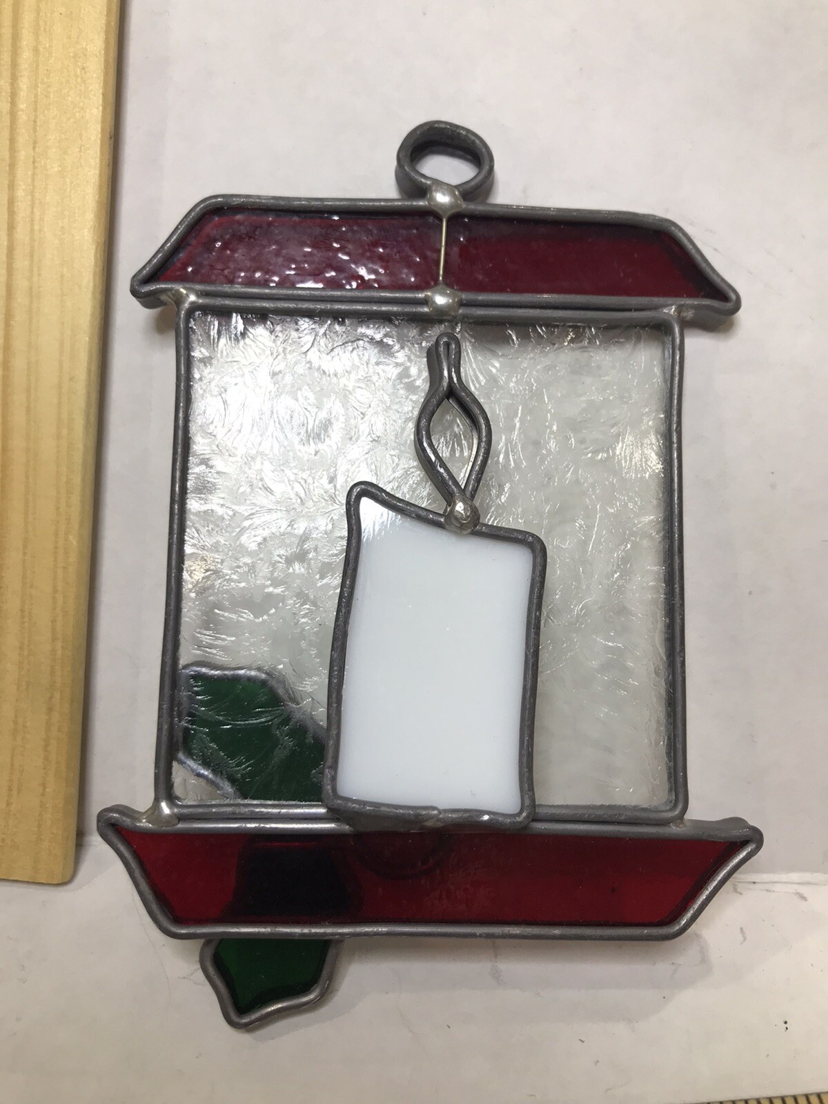 stained glass hanging suncatcher candle in window 4 x 4 inch holly