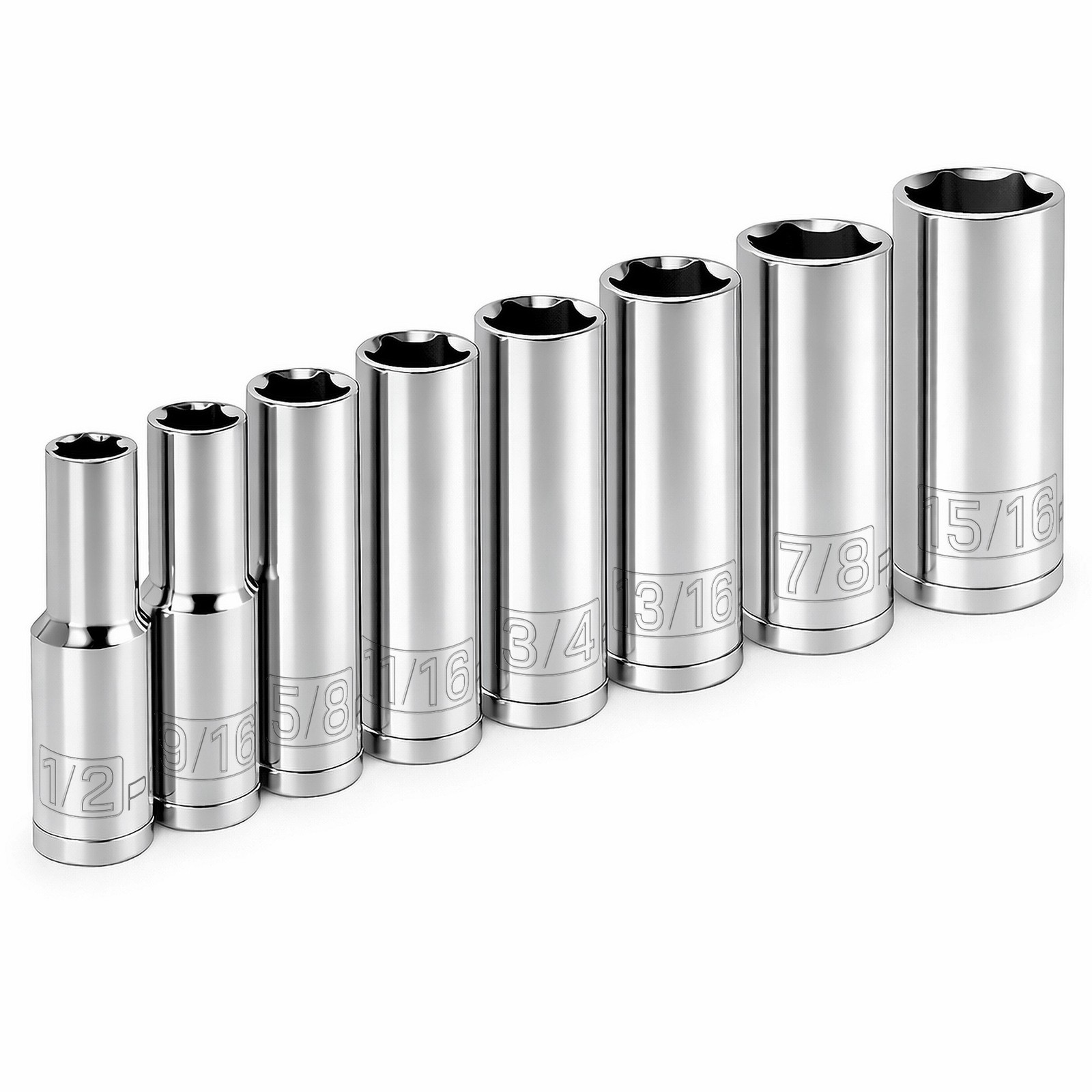 Powerbuilt 8 Piece 1/2 Inch Drive SAE 6 Point Deep Socket Set - 640056
