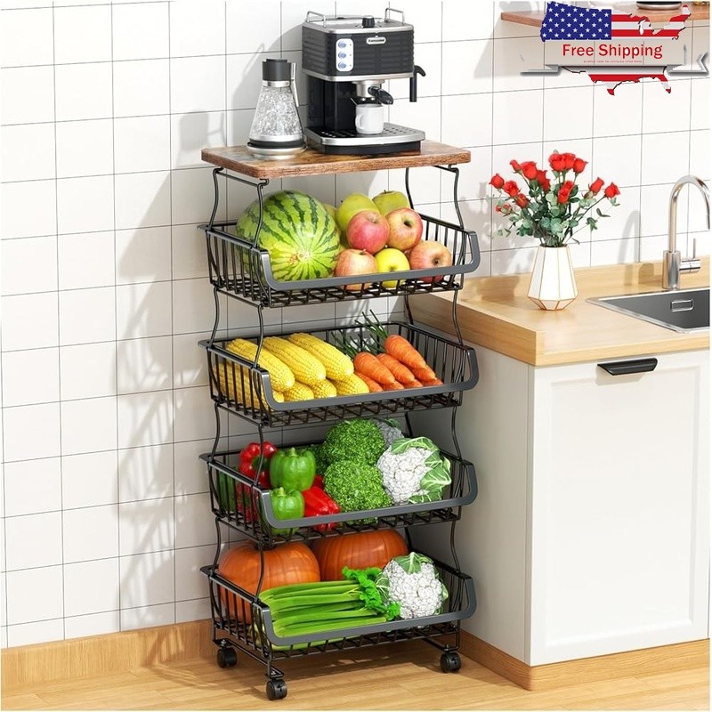 Sturdy Metal Fruit Basket Storage Cart W/ Rolling Wheels & Detachable Baskets US