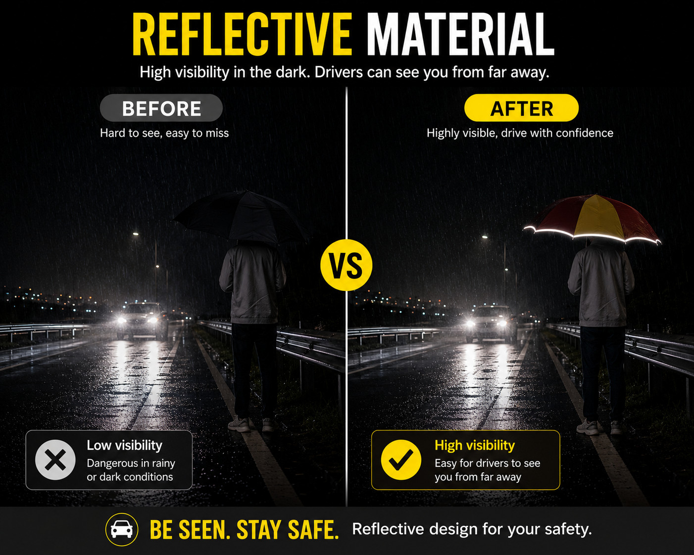 Multibreller Emergency LED Safety Umbrella Reverse Folding Reflective Flashlight