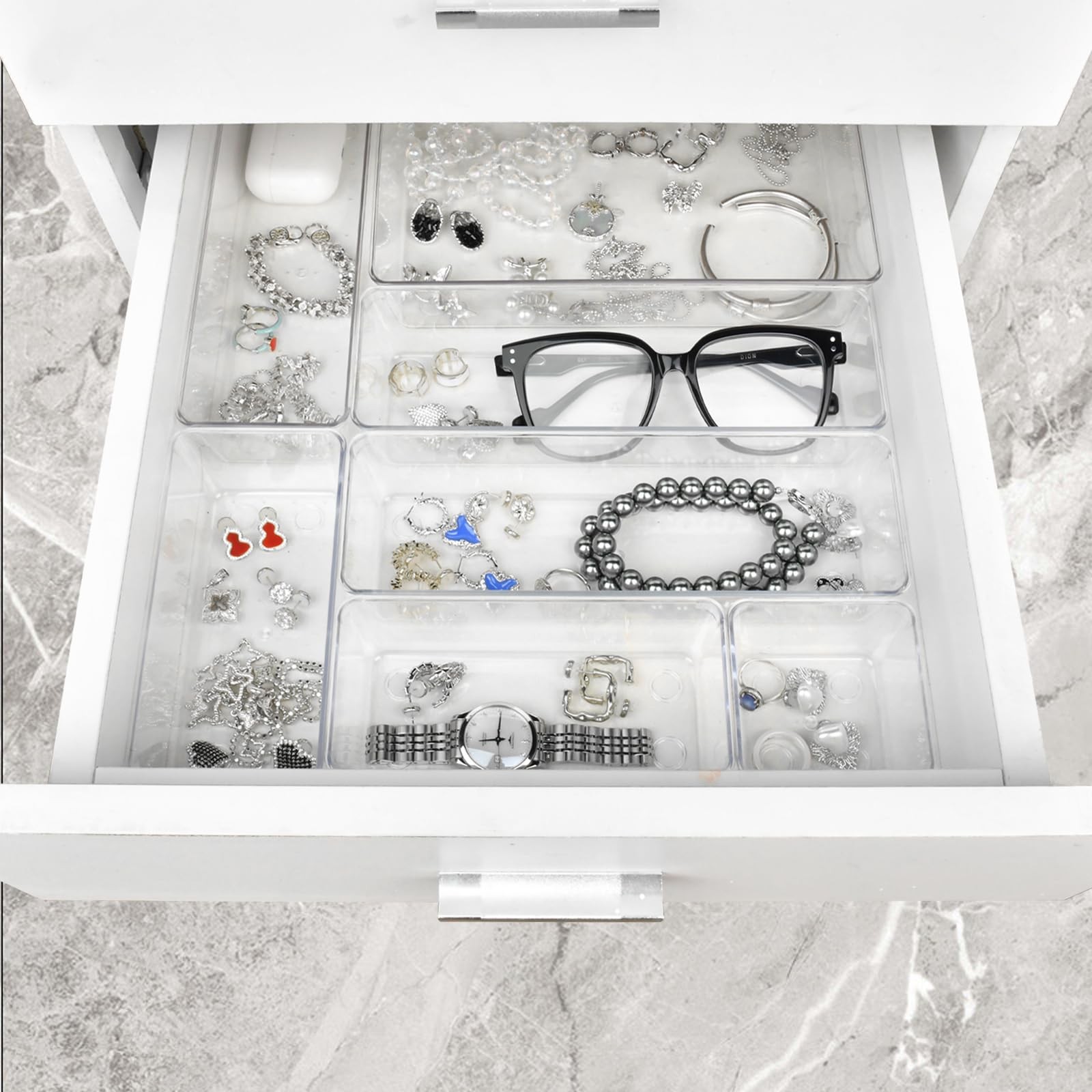 Clear Plastic Drawer Organizers Set of 15, 4 Sizes for Kitchen & Office