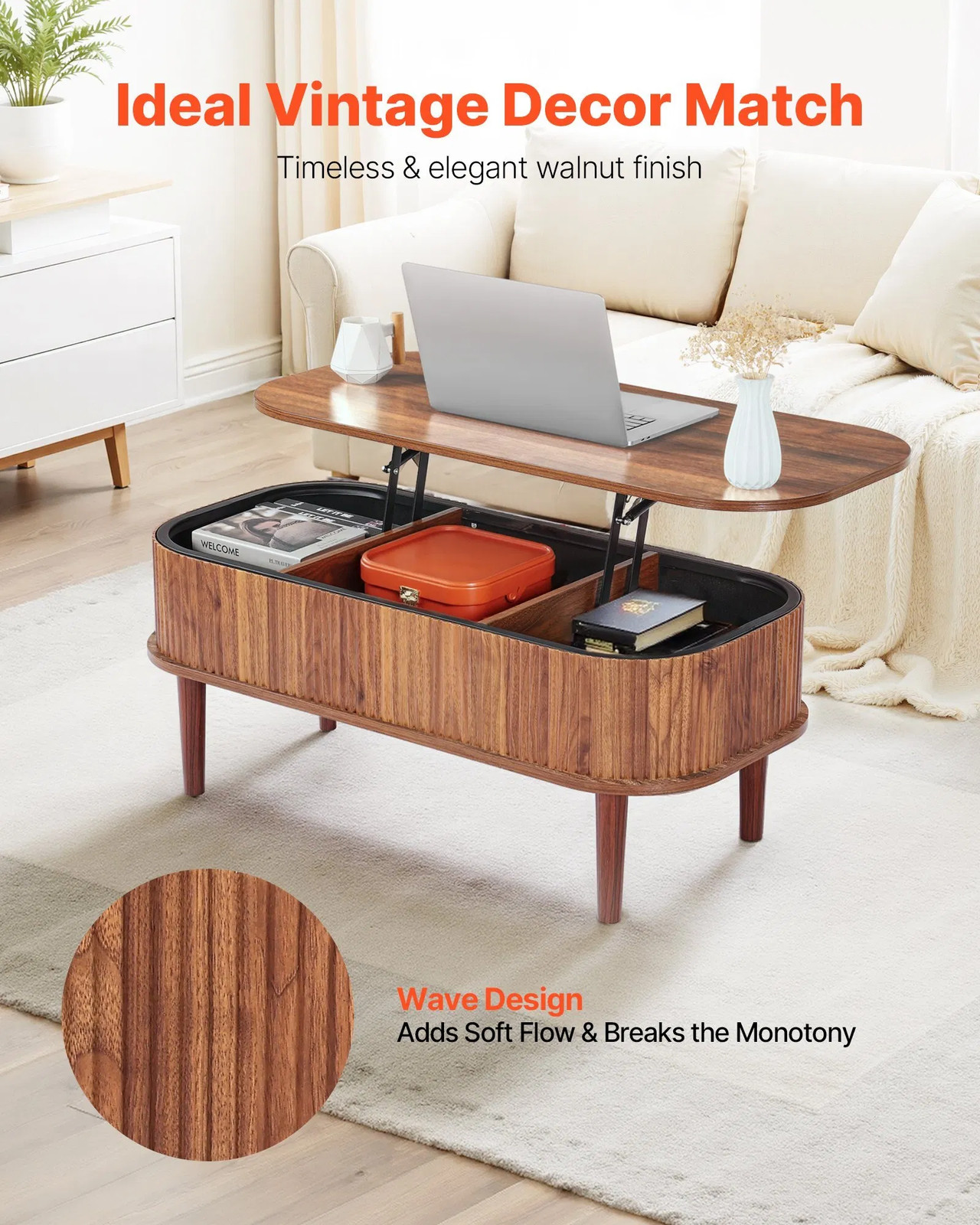 39.4 in Lift Top Coffee Table, Fluted Oval Coffee Table with 3 Hidden Compartmen