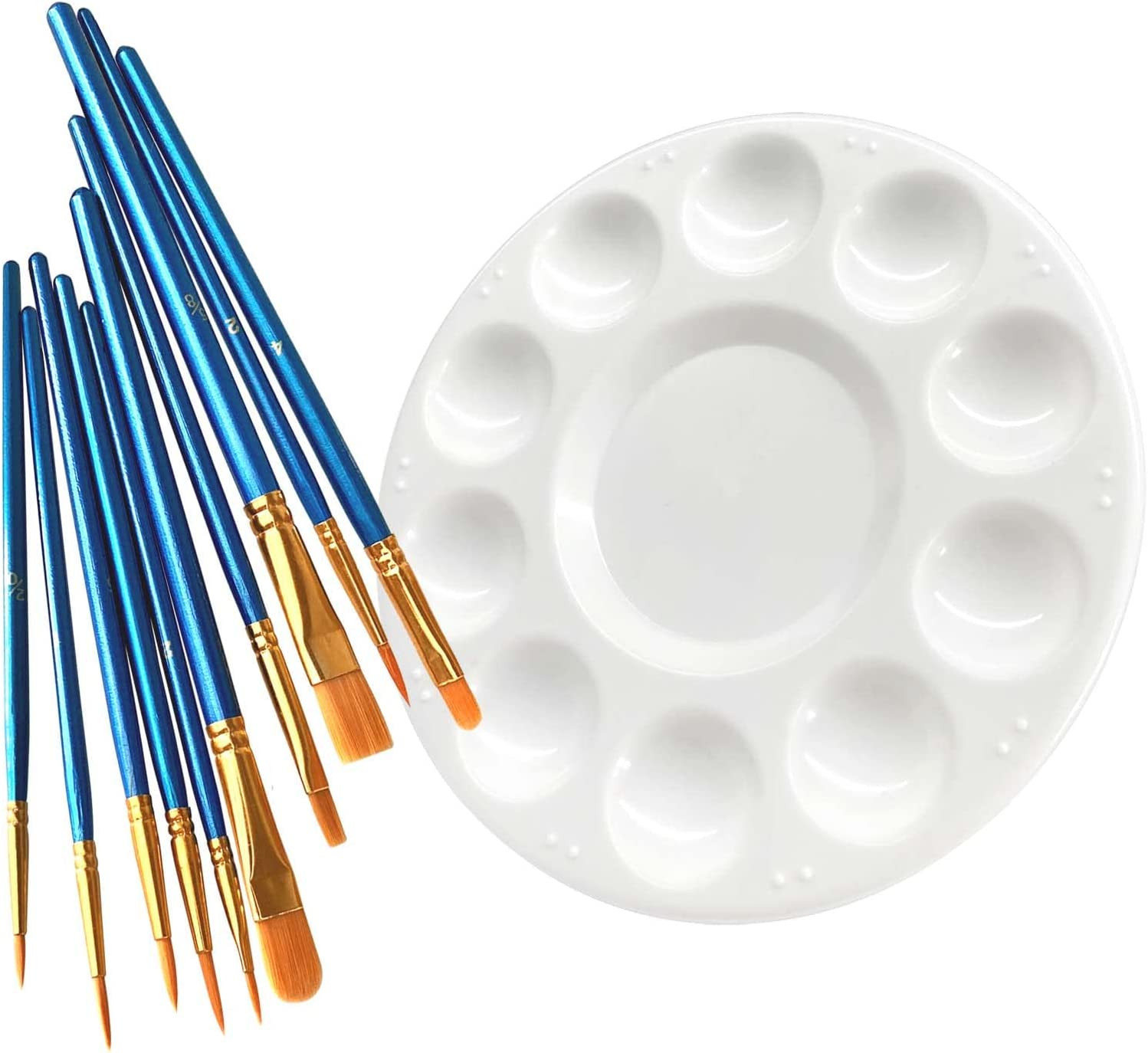 Paint Brushes Palette Set, 10Pcs Nylon Hair Brushes and 1Pcs Plastic Paint Palet
