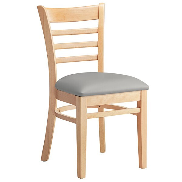 Natural Wood Finish Ladder Back Restaurant Chair with Light Gray Vinyl Seat
