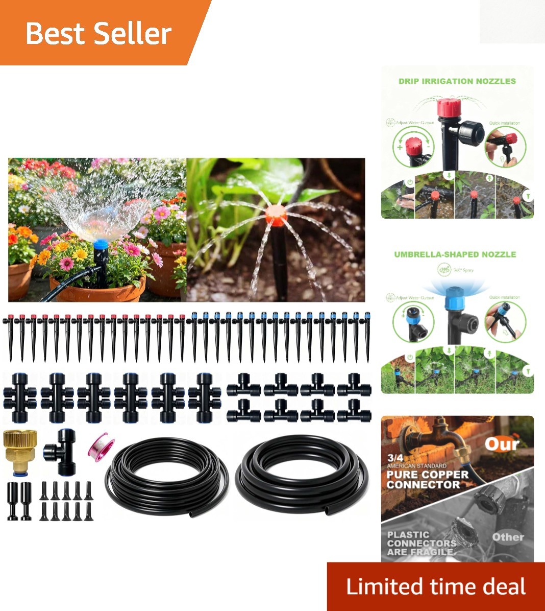 Complete 230FT Garden Watering Kit with Rustproof Brass Connector & Emitters
