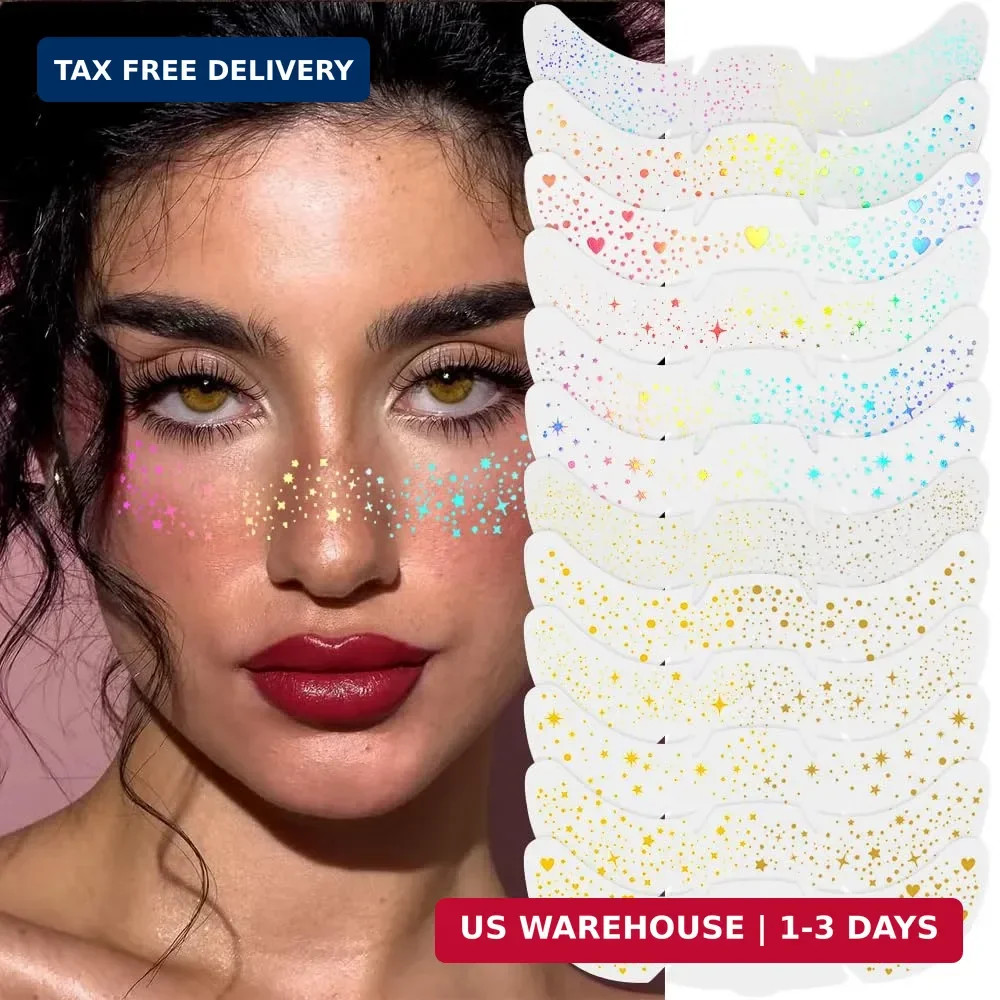 12PCS Glitter Freckles Face Tattoo Gold Holographic Makeup Patches Rave Accessor