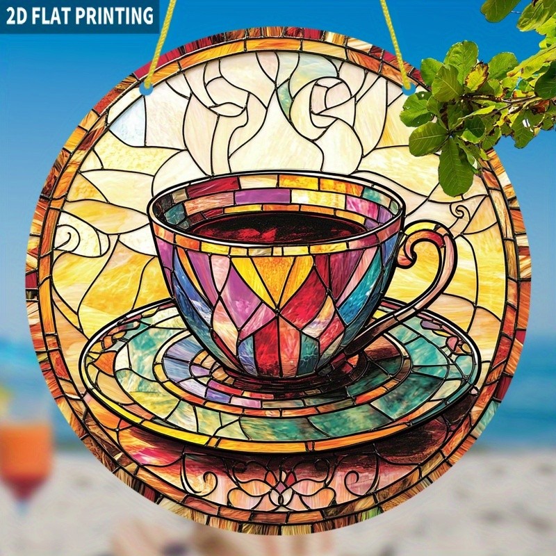 Cozy Coffee Cup Scene Acrylic Sun Catcher Patio Corridor Hanging Decoration