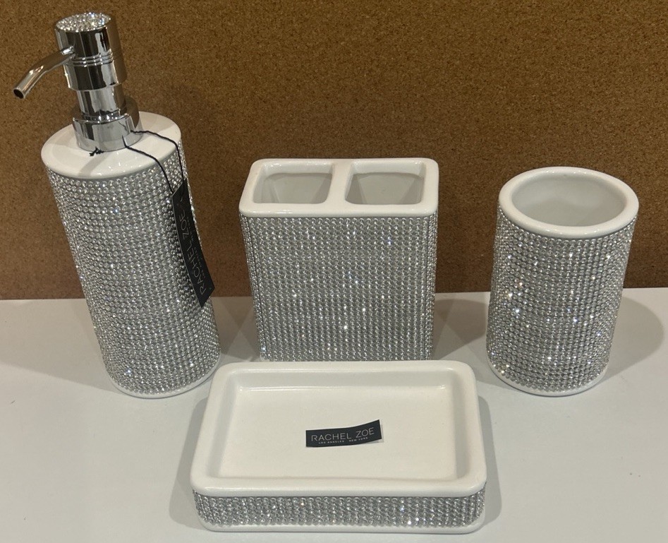 Rachel Zoe Rhinestone 4 Piece Bathroom Vanity Set Soap Lotion Tumbler Toothbrush