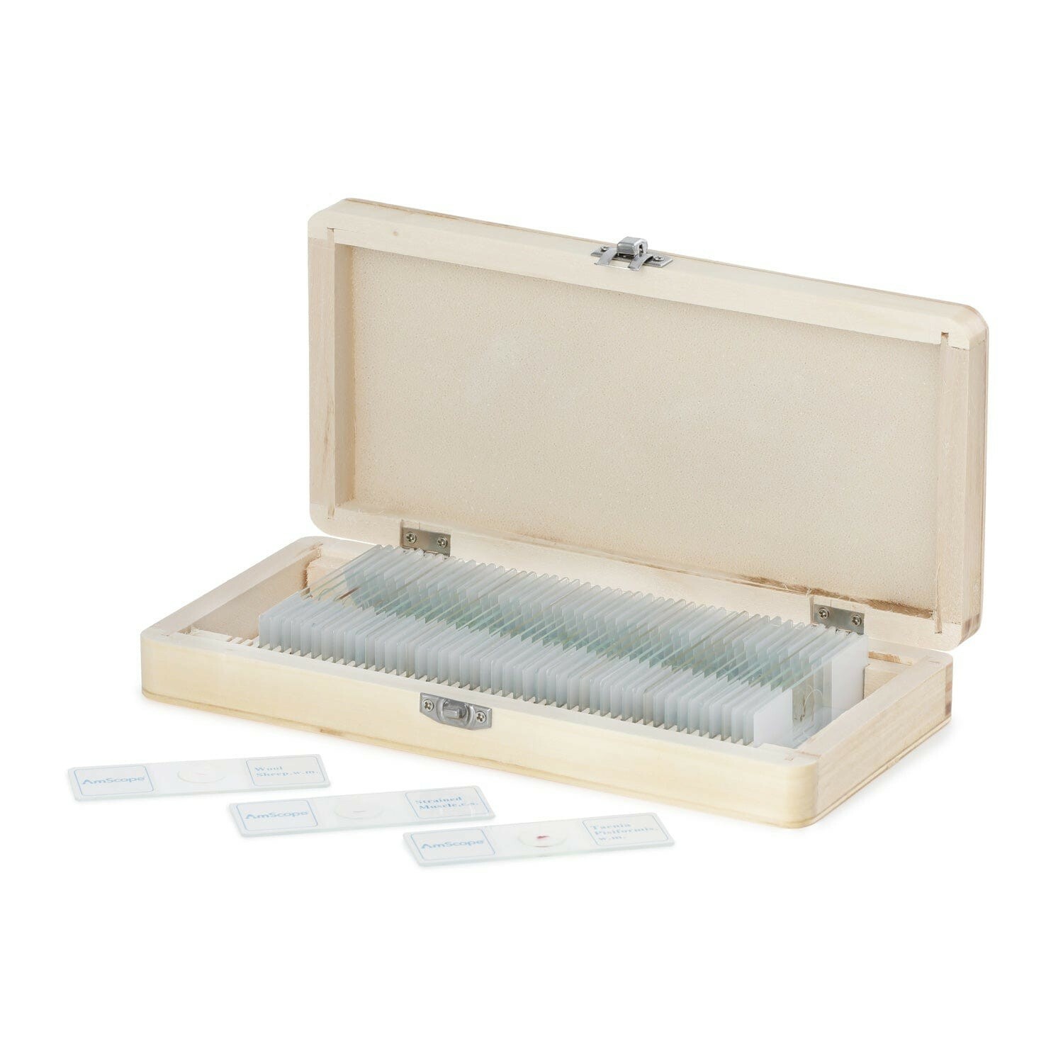 Amscope 50pc Prepared Microscope Histology & Pathology Slide Specimens+Wood Case