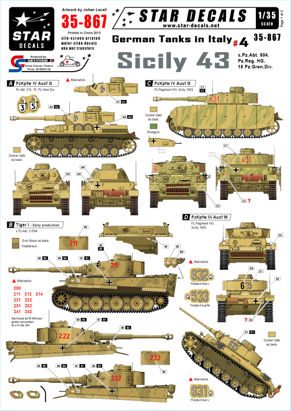 Star Decals 1/35  German Tanks in Italy #4 Sicily 43 decals 35867