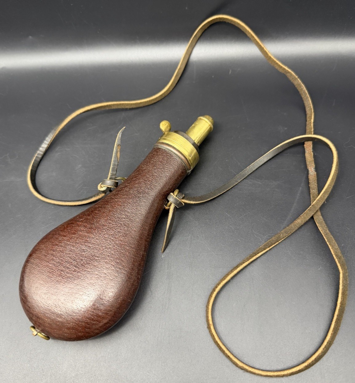 James Dixon & Sons Antique Brass Powder Flask w/ Leather Cover & Carrying Strap