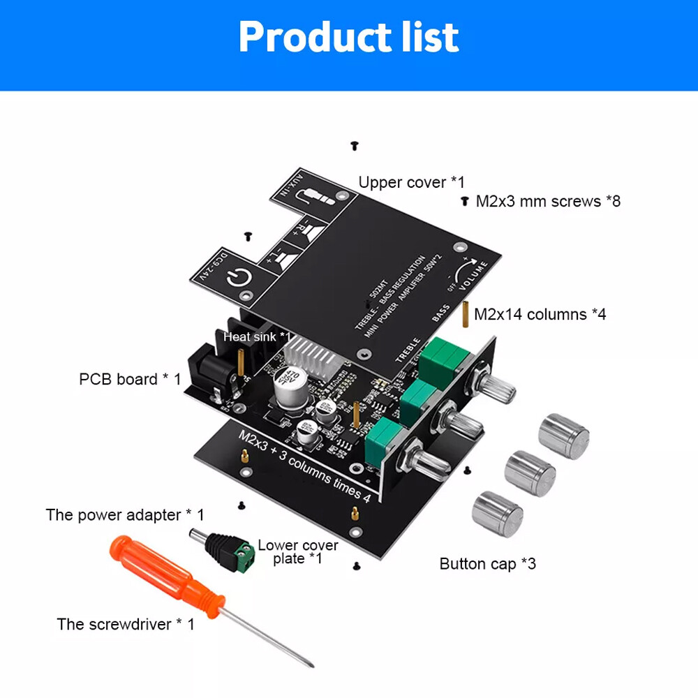 2PC ZK-502MT 50W*2 Bluetooth 5.2 Audio Amplifier Board Module Tone Adjustable