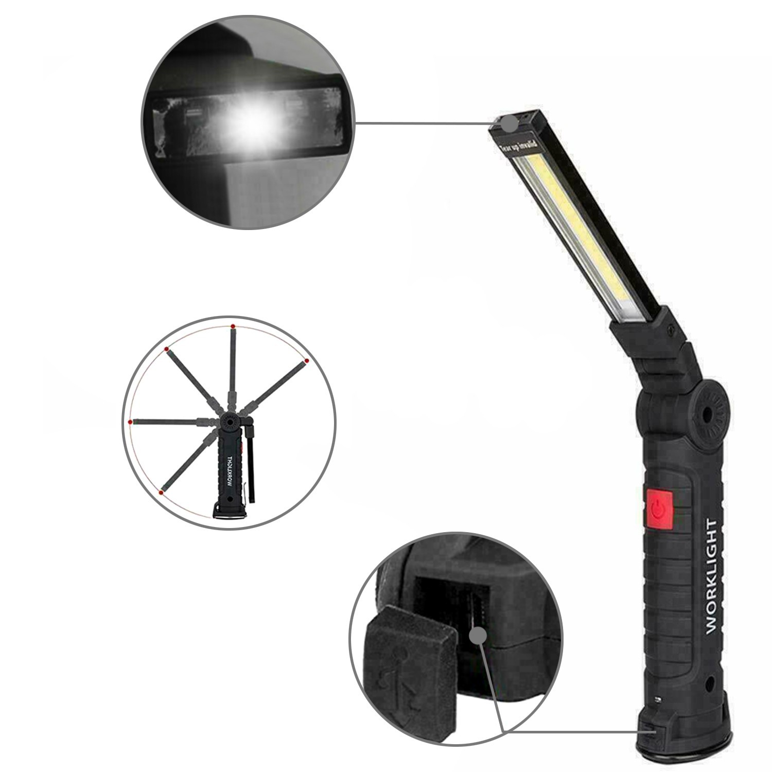 2PCS Magnetic Rechargeable COB LED RED Work Light Lamp Flashlight Folding Torch