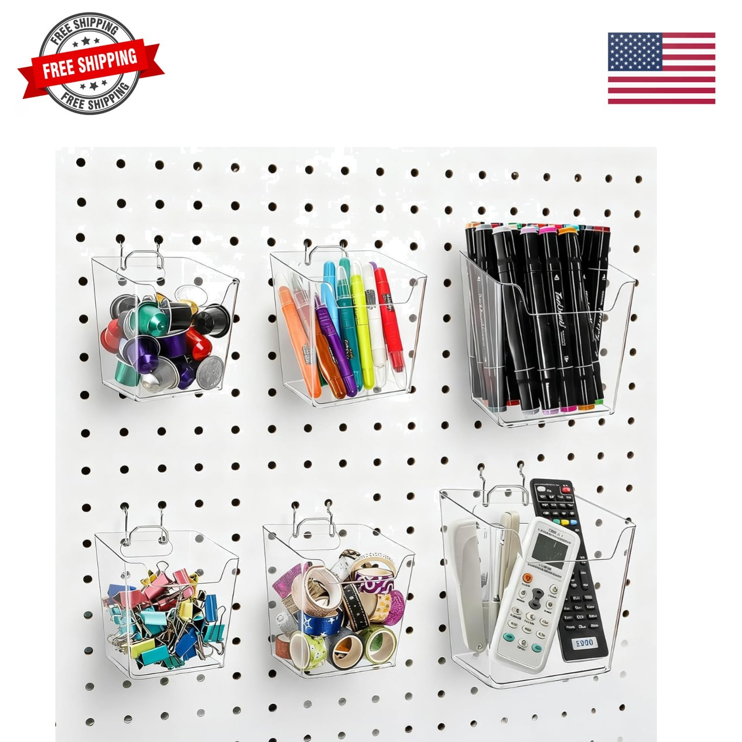 6 Pack Clear Pegboard Cups with Hooks, Plastic Peg Board Bins Pegboard Organi...