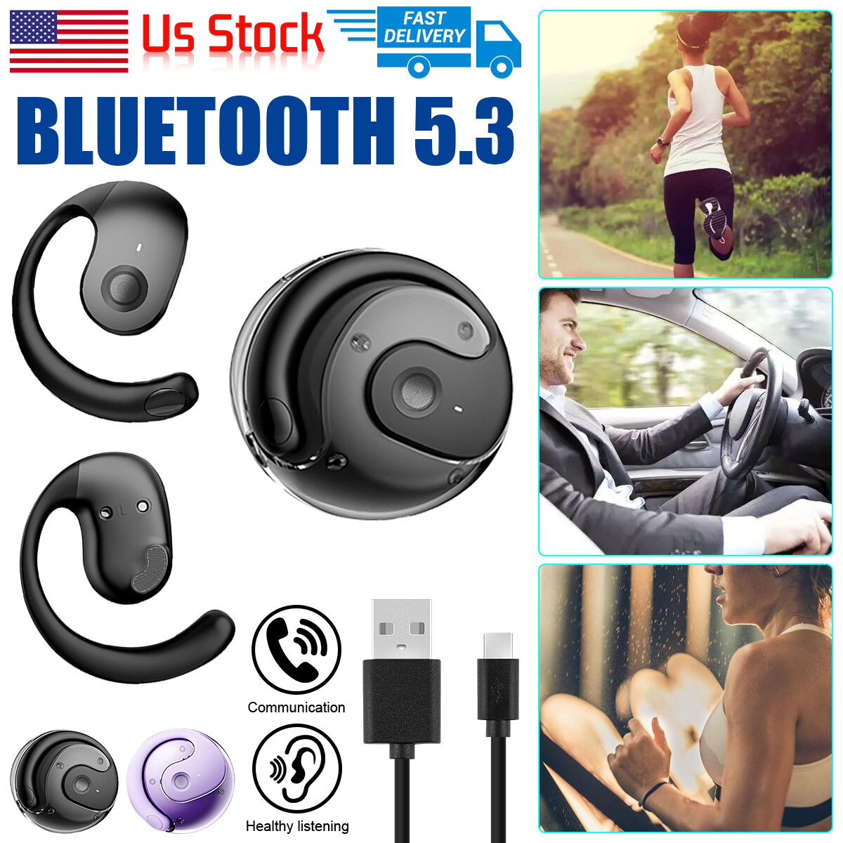 Bluetooth 5.3 Wireless Earphones Headphones Sports Ear Hook Sphere Charging Case