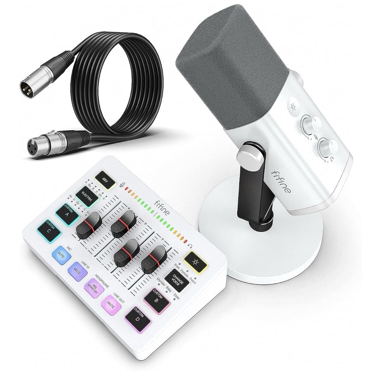 FIFINE Gaming Microphone Bundle XLR USBMic Mixer Set Podcast Streaming Kit White