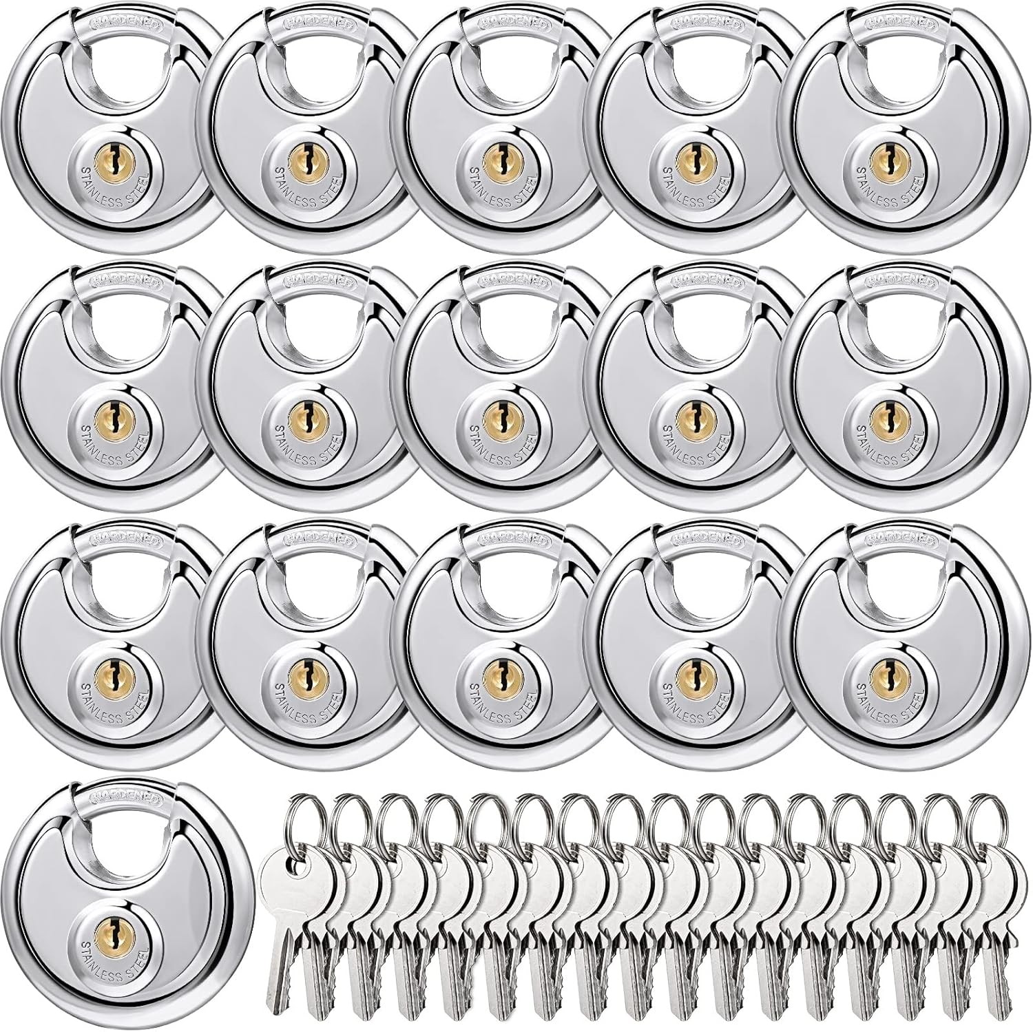 16 Pack Padlocks Alike Keyed, Stainless Steel Pad Locks with Same Key Discus Loc