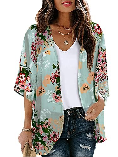 Women Floral Print Lightweight Chiffon Kimono Cardigan Short Large Green