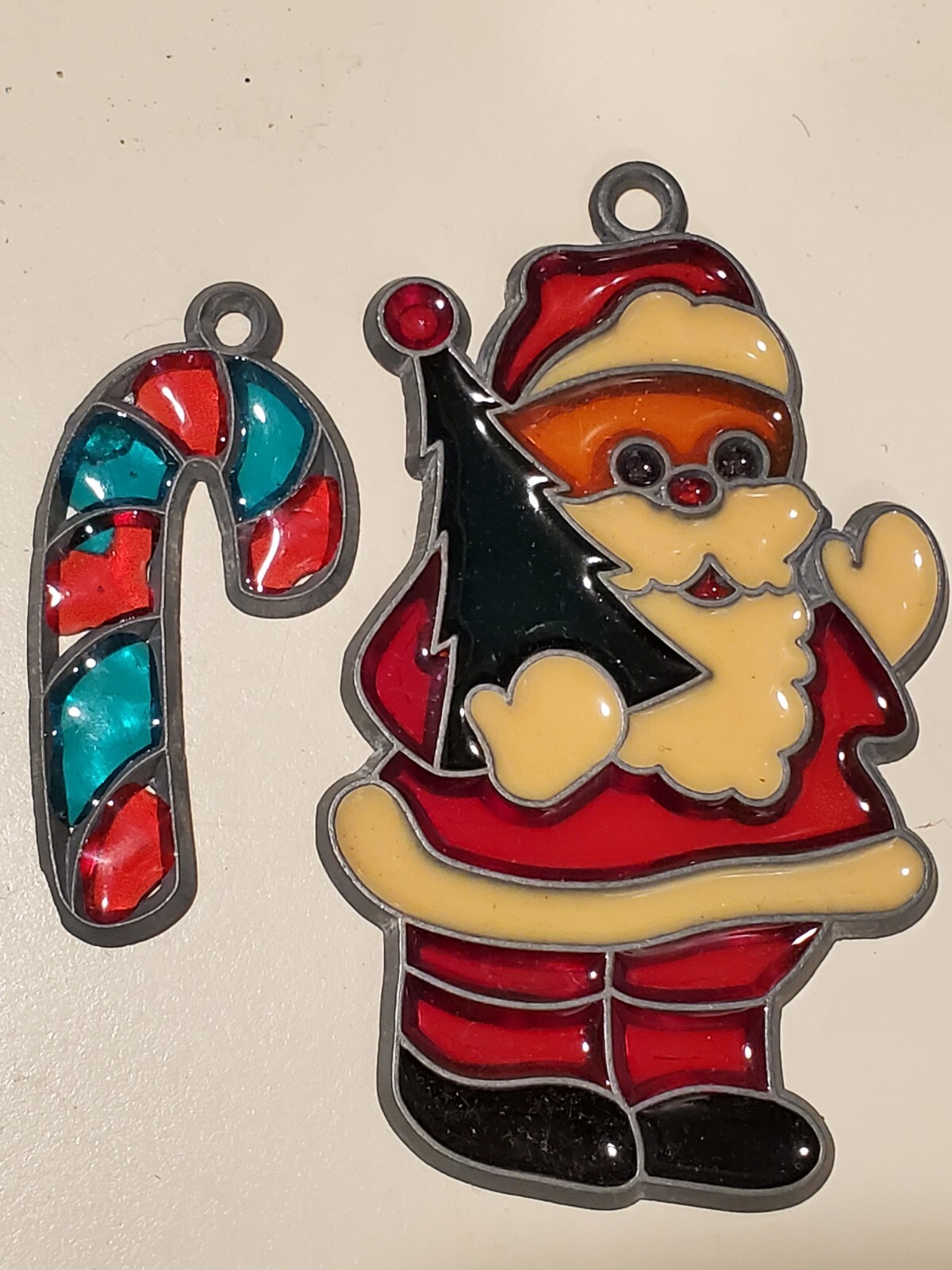 Vintage lead glass sun catcher Santa Claus, 4" high, nice. + Candy Cane, 2.25"