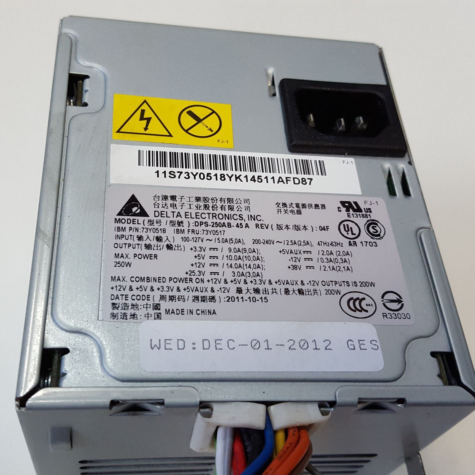 Geunine Delta 250W Power Supply DPS-250AB-45A IBM P/N 73Y0518 FRU 73Y0517