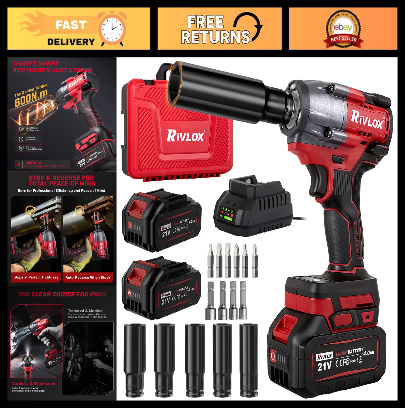 High Torque Cordless Impact Wrench 1/2" 600Nm Power Tool Kit for Car RV Tire, LE