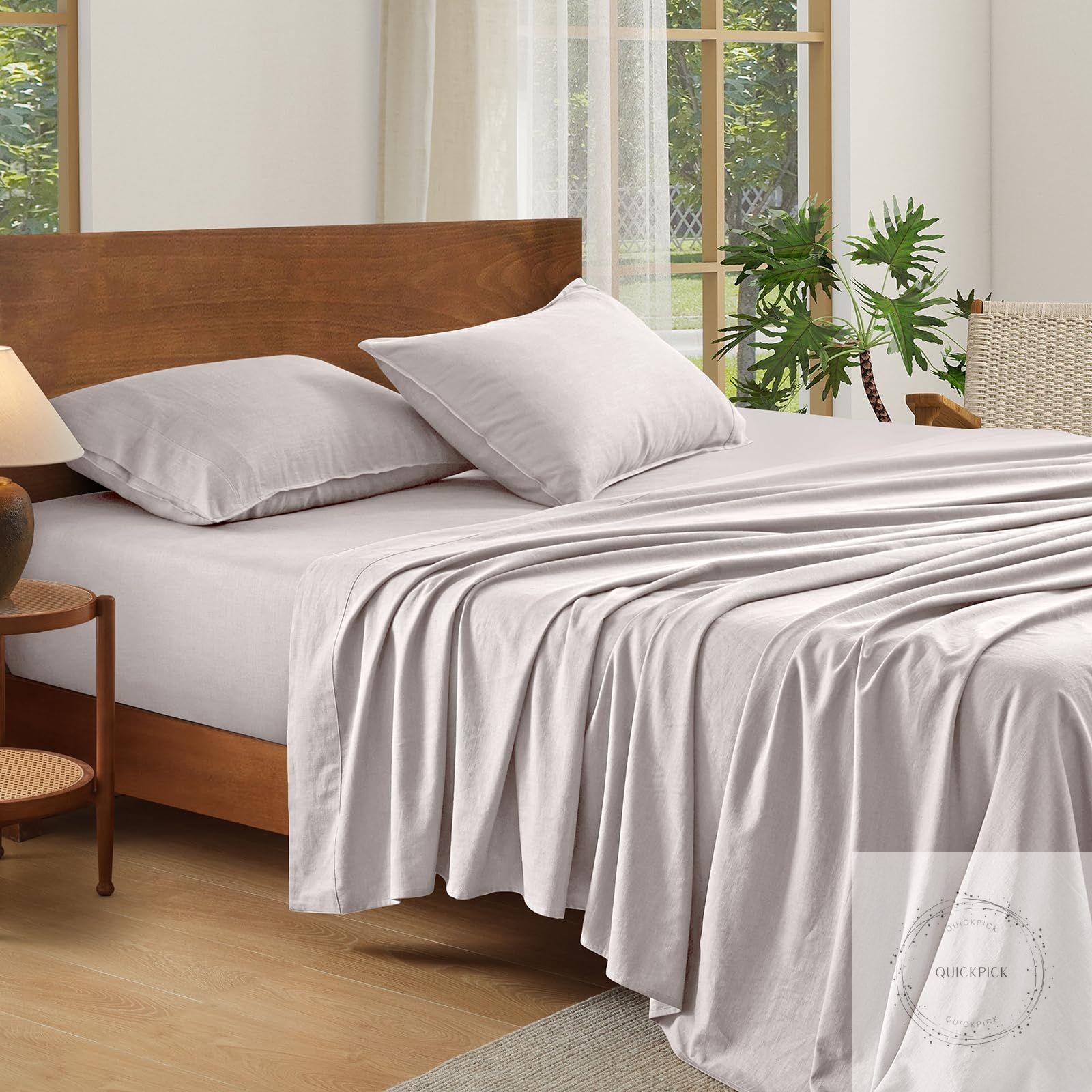 100% French Linen Sheets Natural Linen Queen Size Sheets Set, Breathable and Dur