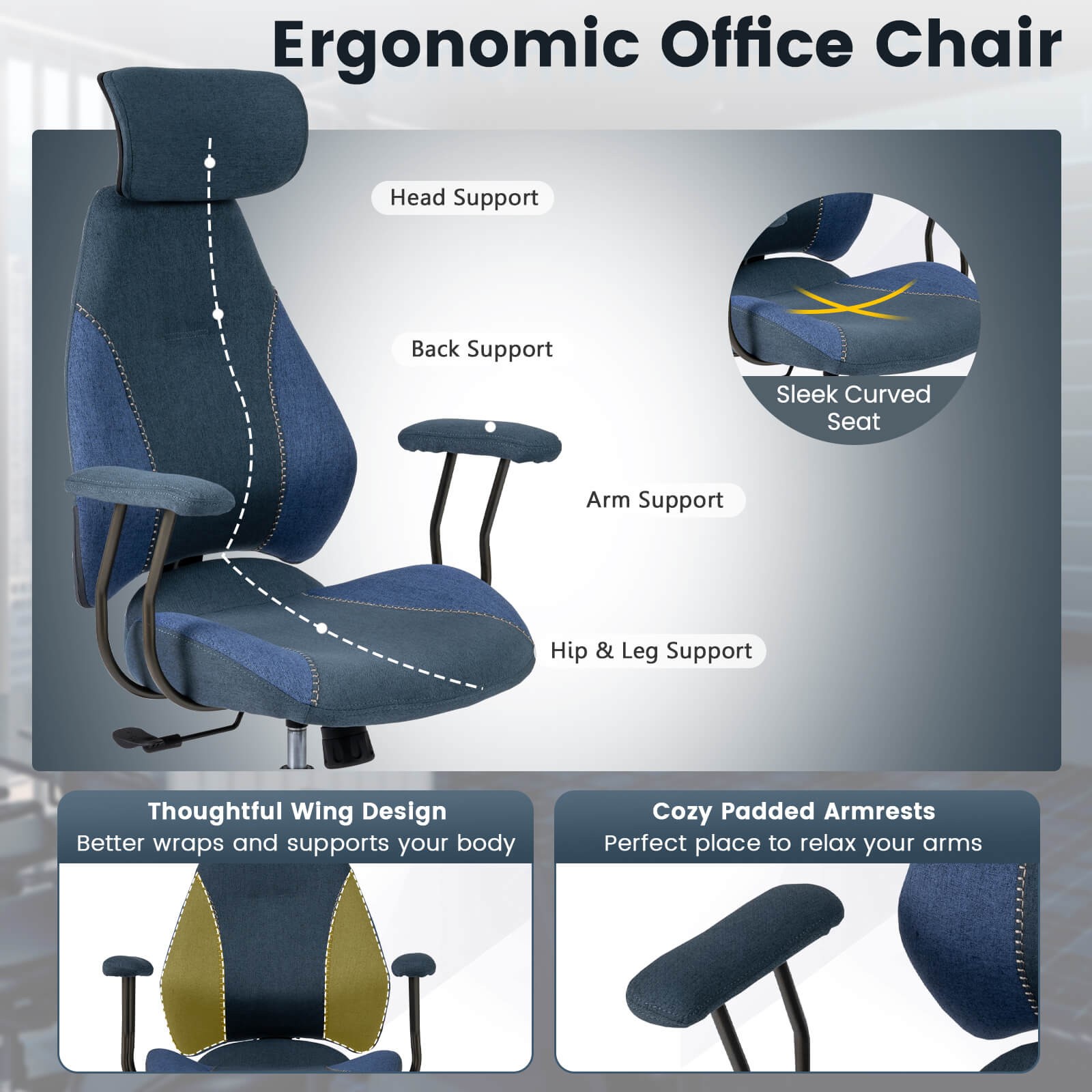 Ergonomic Office Chair w/2D Headrest, Rocking Backrest & Wheels, Gaming Chair
