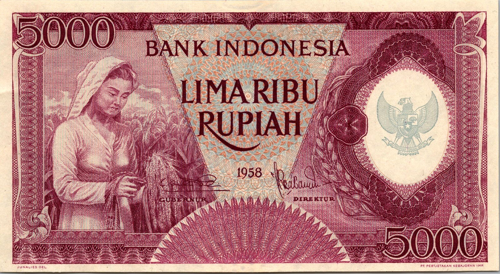 Indonesia $5,000 Rupiah 1958 Pick# 64 AU-UNC