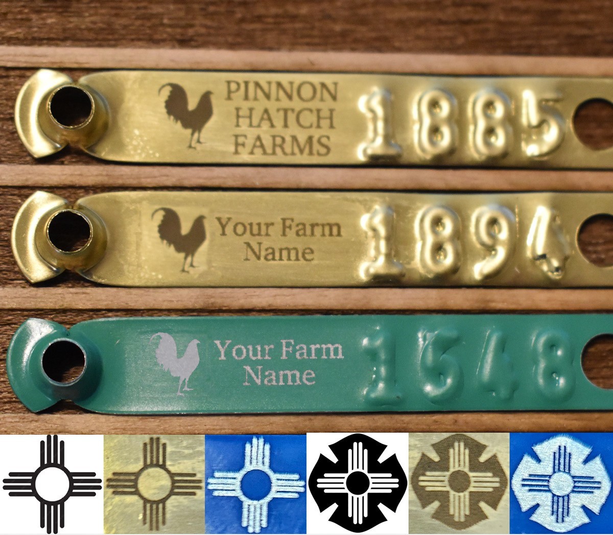 100pk Customized Laser Engraved Leg Bands ID Tags w/ Text & New Mexico Zia Sun