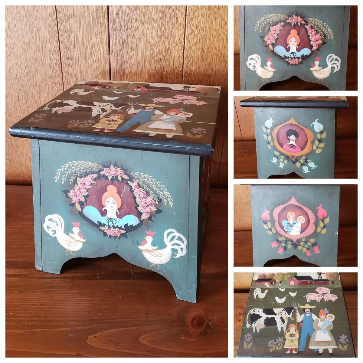 PA Dutch Primitive Folk Art Tole Painted Wood Step Stool Family Farm RITA 1983