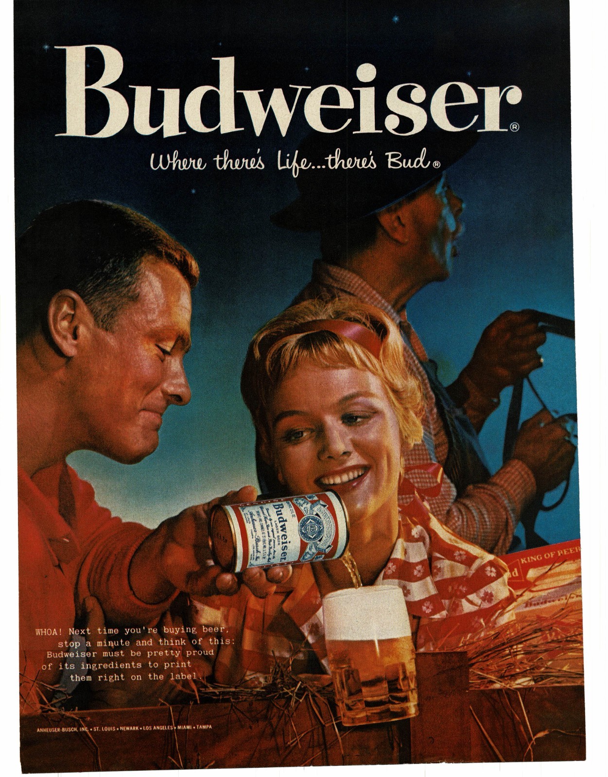 1959 Budweiser Beer man woman enjoy a glass on country hayride Vintage Print Ad