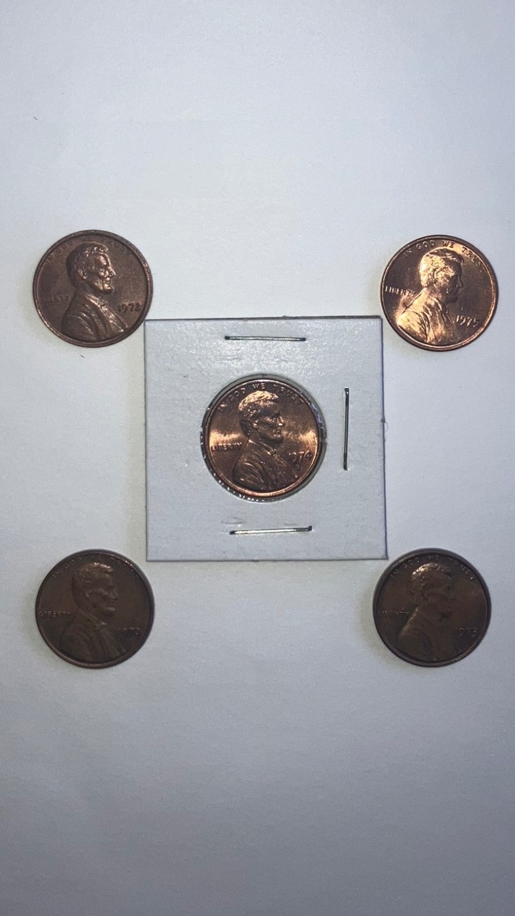 5  1970's Lincoln  pennies w/1974-S and bonus stamps 95% copper free shipping