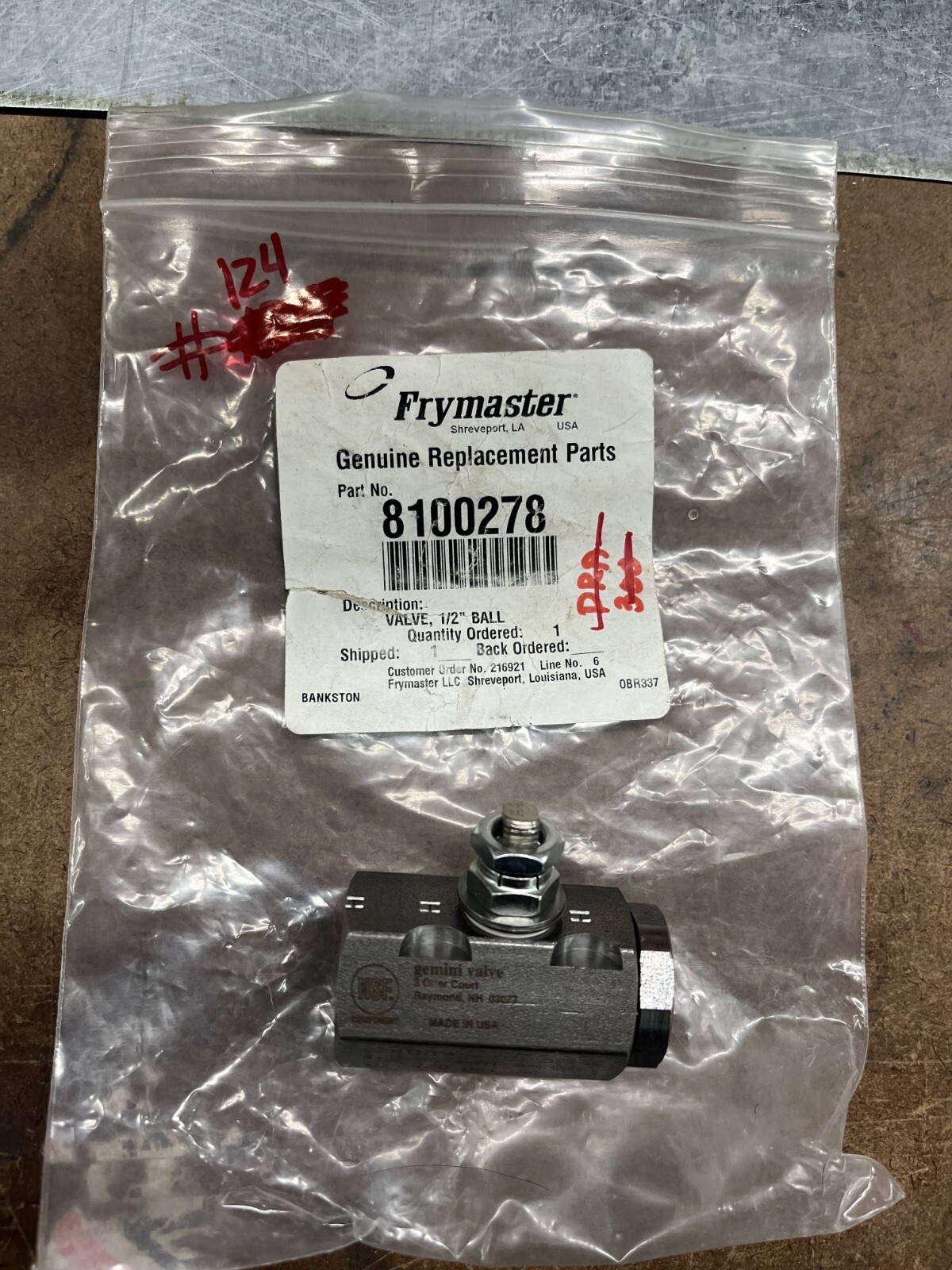 8100278 Frymaster 1/2 Inch Ball Valve